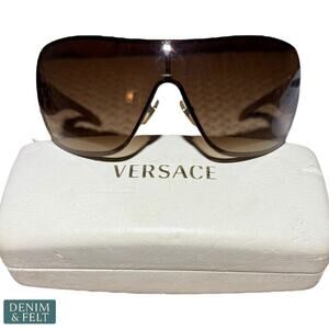 Versace 2072-B 1052/13 Shield Sunglasses Brown Gold Greca Logo Italy 120mm